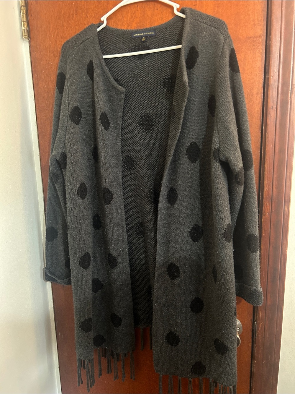 Adrienne Vittadini Charcoal Gray Open Cardigan with Black Polka Dots